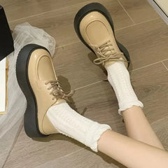 Futurecen  -  Small Leather Shoes Women New Single Shoe Platform Muffin Tie Round Head Fashion Mary Jane Shoes Women's Shoes