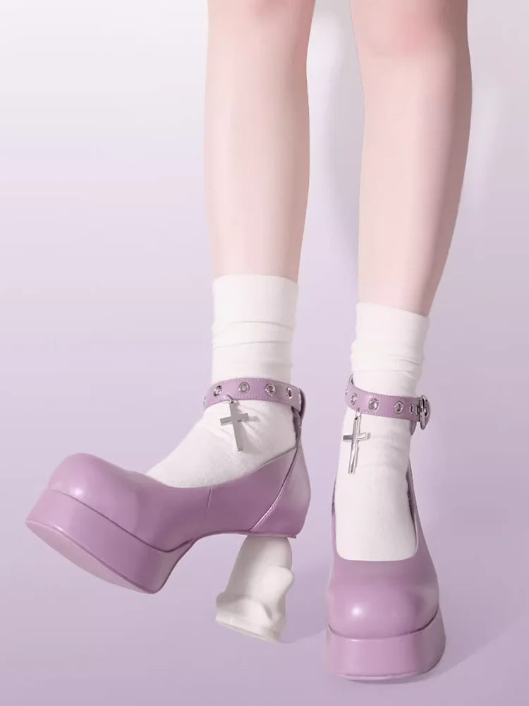 Original Y2K Subcultural Punk Ghost Heels Lorita Shoes Cos Loli High Heels 5-8cm PU Round Toe Shoes