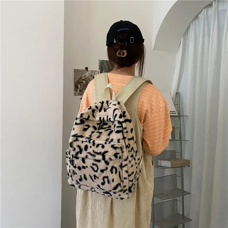 Futurecen  -  fancy bags New Simple High-capacity Leopard Plush Backpack Korean Preppy Fashion Casual Studeny Schoolbag Trendy Streetwear Hottie Bag