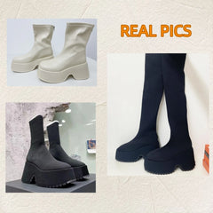 Futurecen  High Chunky Heeled Women Sock Boots Over The Knee Mid-calf Platform Wedges Stretchable New Autumn Winter Lady Booties