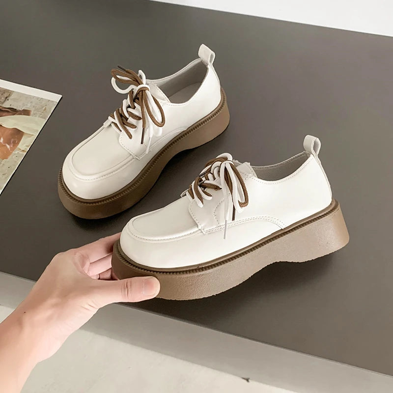 Futurecen  -  New Spring Casual Women Loafers Leather British Style Women Shoes Lace-up Platform Student Girls Shoes