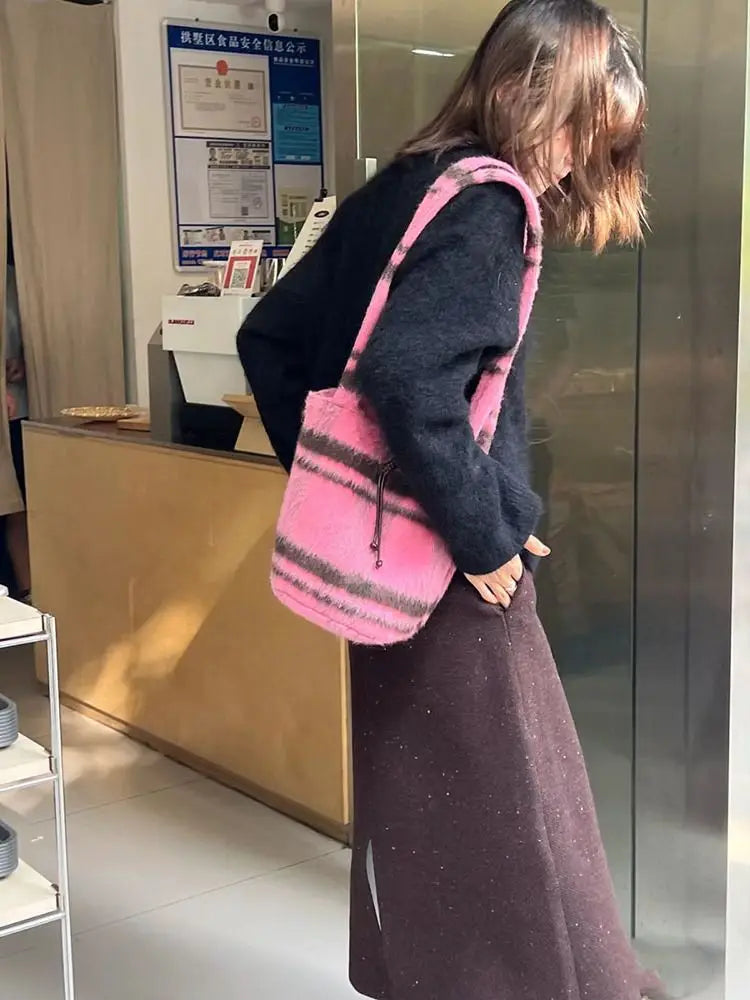 Futurecen  -  fancy bags Women Y2k Fluffy Shoulder Bags Luxury Design Plaid Pink Bucket Bags Large Capacity Velvet Handbag Korean Fashion Winter Cute Bag