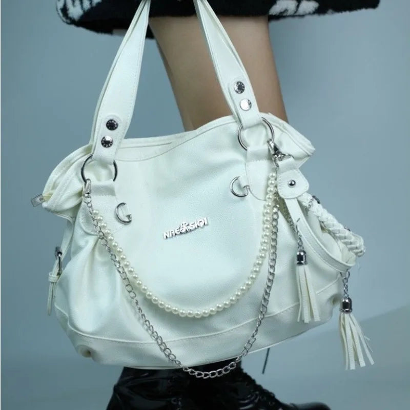 Futurecen  Original Y2k Womens Handbag White Goth Pearl Chains Fashion Tote Bag Aesthetic Large Capacity Designer Daily Shoulder Bag