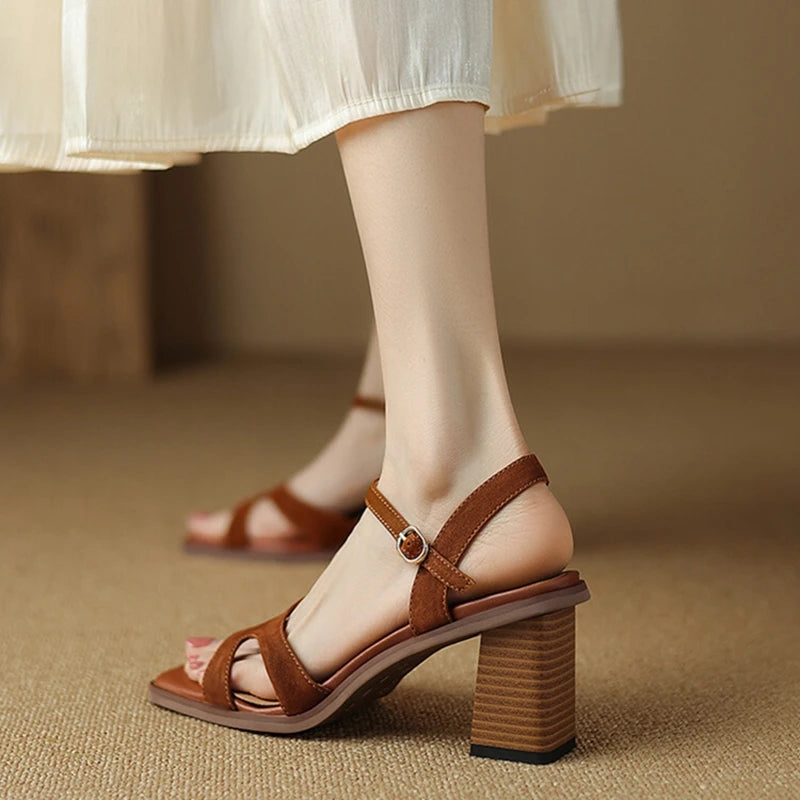 Futurecen  -  NEW Summer Women Sandals Genuine Leather Shoes for Women Square Toe Chunky Heel Shoes Casual Narrow Band Gladiator Brown Shoes