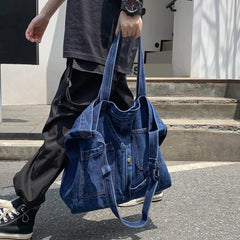 Futurecen  -  fancy bags Denim Tote Bags for Women and Man Large Capacity Design Handbag Unisex Casual Blue Shoulder Shopping Pack Jeans Japan Style Y2K