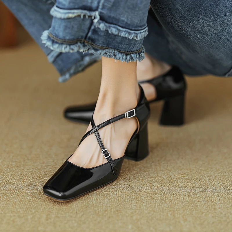 Futurecen Women Pumps 6 cm Mary Jane Shoes French Style  Patent Leather Sandals Buckle Spring Autumn Pumps Square Toe Lady Shoes