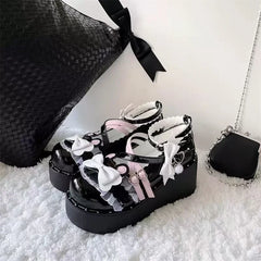 Futurecen  -  Black Platform Mary Jane Shoes Women's Cross Buckle Lace High Heels  Women's Thick Sole Bow Lovely Lolita Girl Shoes