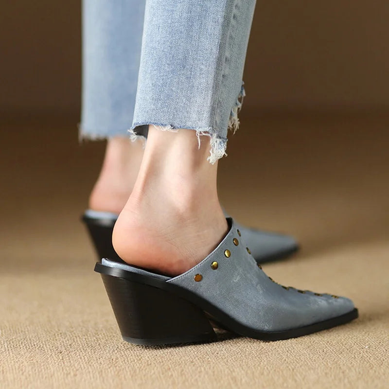 Futurecen NEW Summer Women Slippers Split Leather Shoes for Women Pointed Toe Chunky Heel Sandals Cover Toe Wedge Shoes Blue Women Mules