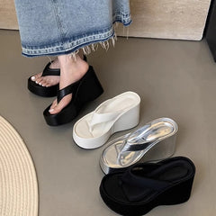 Design Summer Chunky Woman Slippers Fashion Platform Wedges High Heel Silvery Ladies Shoes