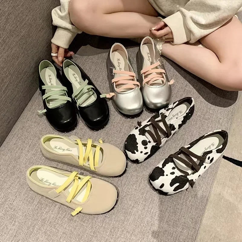 Futurecen  -  New Cow Pattern Round Toe Ballet Flats Woman Brand Design Slip-on Shallow Loafers Ladies Soft Cross Elastic Band Ballerina Shoes