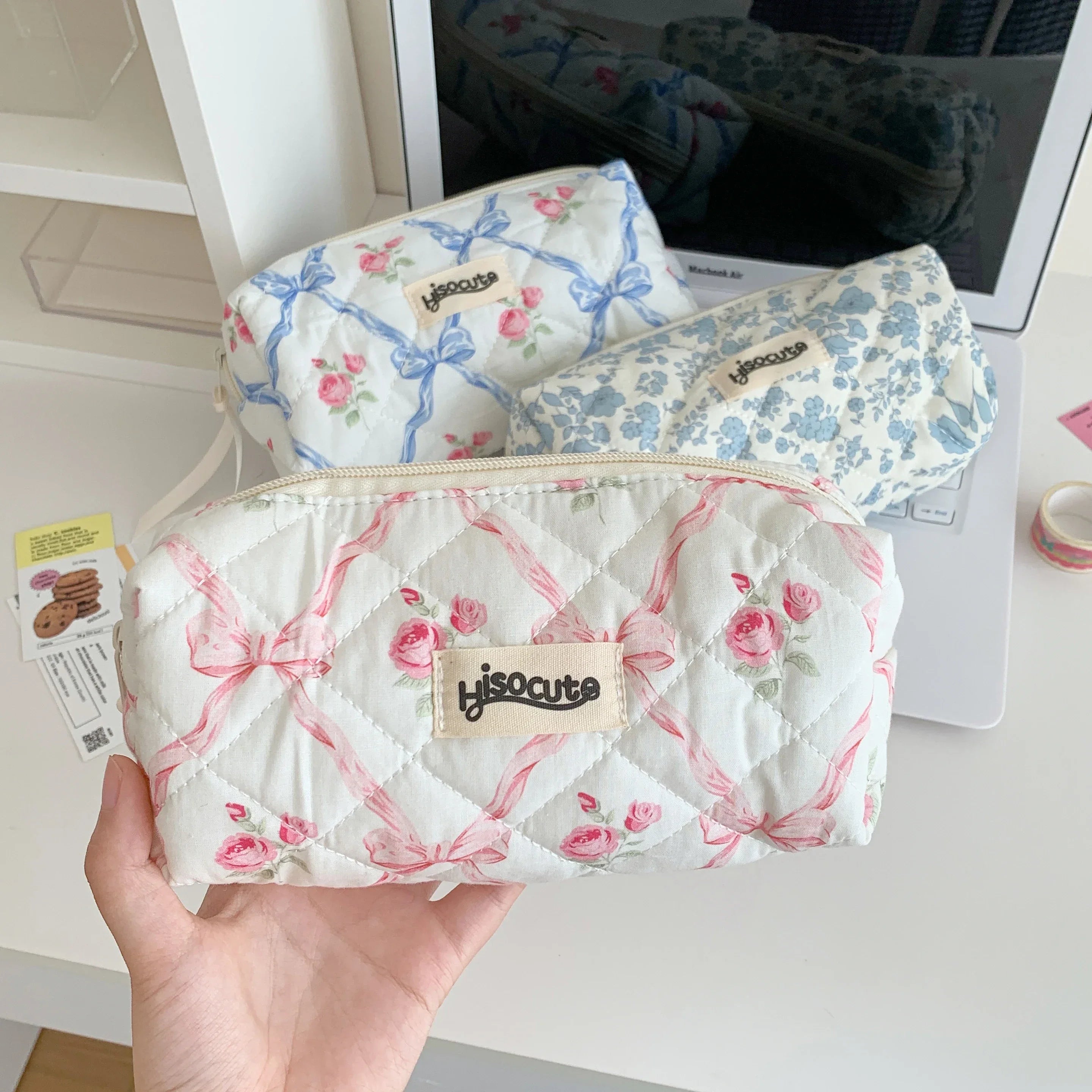 Futurecen  -  Cute Bow Flower Pencil Bags Quilting Cotton Makeup Bag Zipper Storage Bag Portable Writting Pen Case Girls Stationary Supplies