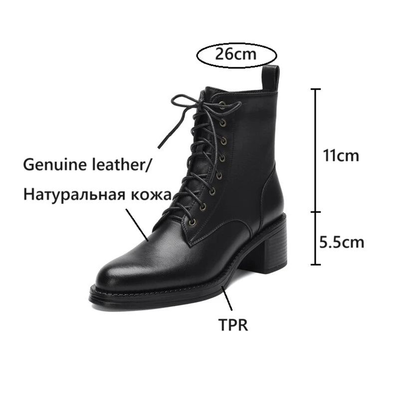 Futurecen NEW Autumn Women Boots Genuine Leather Shoes for Women Pointed Toe Chunky Heel Shoes Lace-up Ankle Boots Zipper Modern Boots