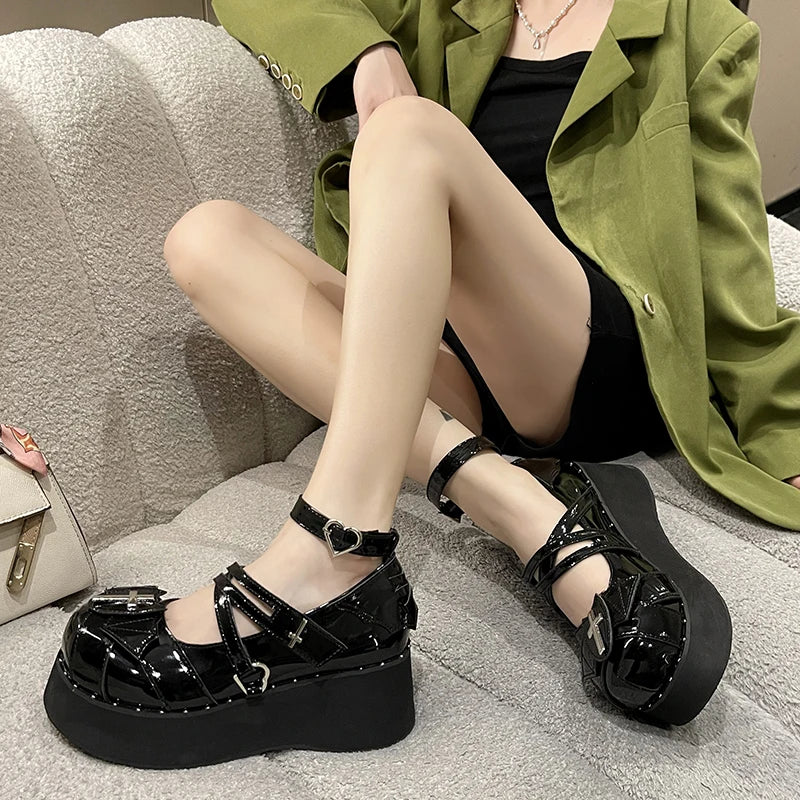 Women's Gothic Mary Jane Shoes Metal Decoration Punk Lolita Platform Shoes Woman Cross Tied Wedges Y2K Pumps College Style