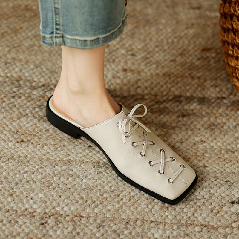 Futurecen  -  NEW Summer Women Shoes Genuine Leather Shoes for Women Cover Toe Low Heel Slippers Concise Cross-tied Square Toe Women Sandals