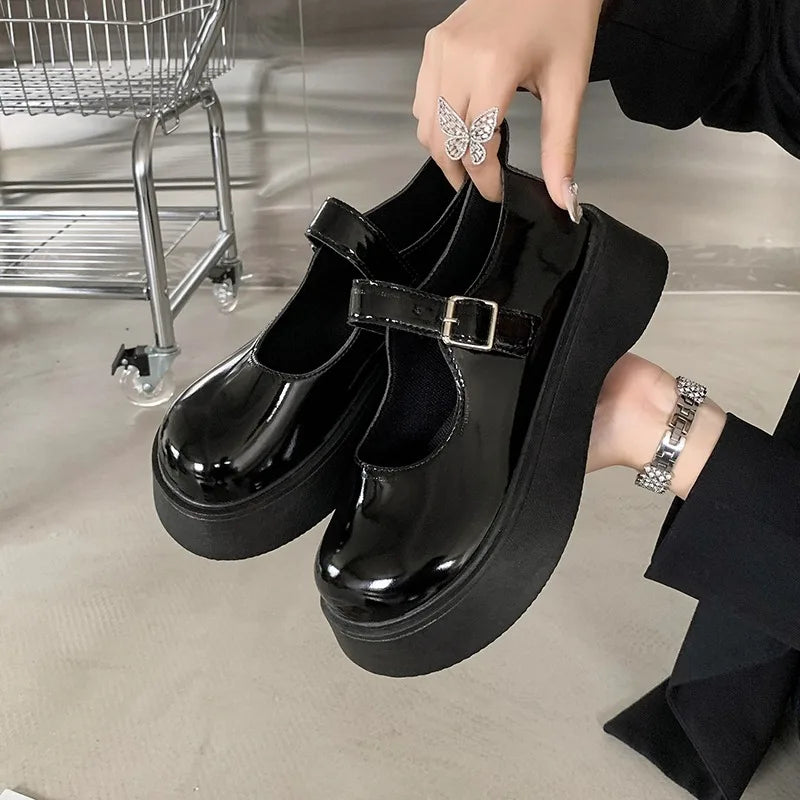 Futurecen  -  Chunky Platform Mary Jane Shoes for Women Patent Leather Lace Ankle Strap Pumps Woman Autumn Black Lolita Shoes