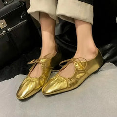 Futurecen  -  Spring/Summer Women Shoes Ballet Flats Ladies Leather Shoes Girl New Narrow Band Silver Flats Bling Bling Gold Round Loafer