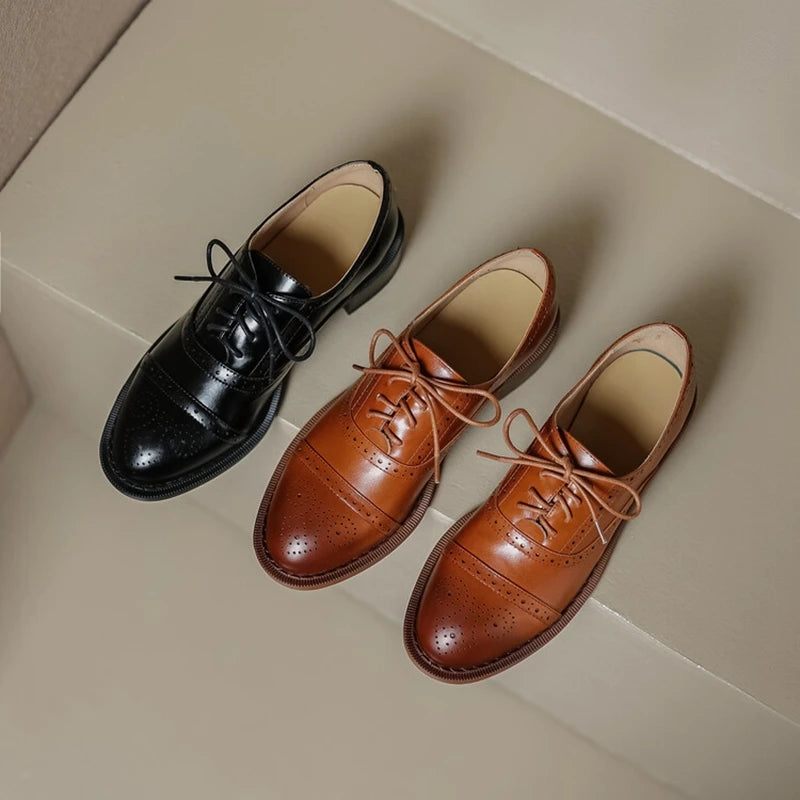 Futurecen NEW Women Oxfords Spring/Fall Shoes for Woman Genuine Leather Brogues Vintage Lace up Loafers casual Handmade Black Girls shoes