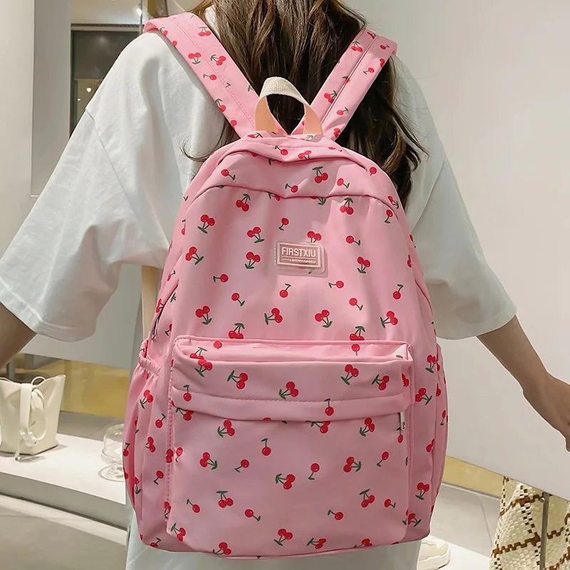 Women Trendy Print School Bag Female Laptop College Backpack Fashion Lady Kawaii Bag New Girl Cherry Floral Travel Book Backpack