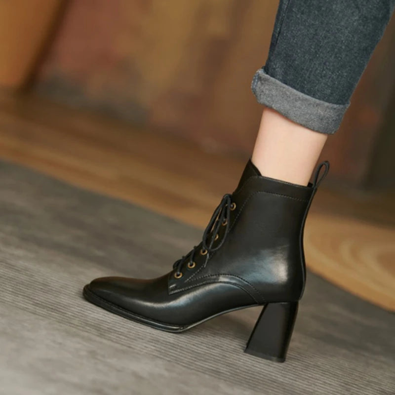 Futurecen Autumn/Winter Women Boots Square Toe High Heel Shoes for Women Black Leather Boots Women Lace up Handmade Shoes Botas