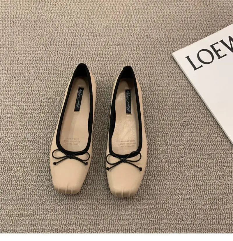 Classic Female Flats Ballerina Shoes Women Fashion Square Toe Pleated Ballet Bow Knot Shallow Moccasin Casual Loafer Sliver