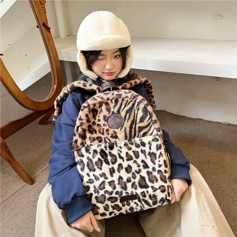 Futurecen  -  fancy bags Women Preppy Leopard Fluffy Backpacks Large Capacity Autumn Winter Faux Fur Students School Bag Vintage Commuter Backpack