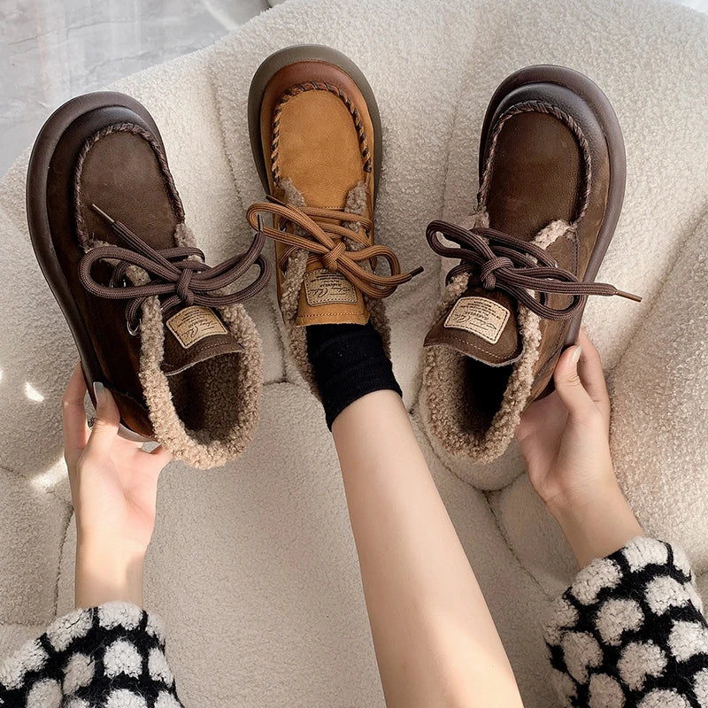 Futurecen Boots Female Women Shoes  New Round Toe Lace-up Ankle Boots Women Flats Plush Warm Cotton Shoes Winter Casual Basic Retro PU