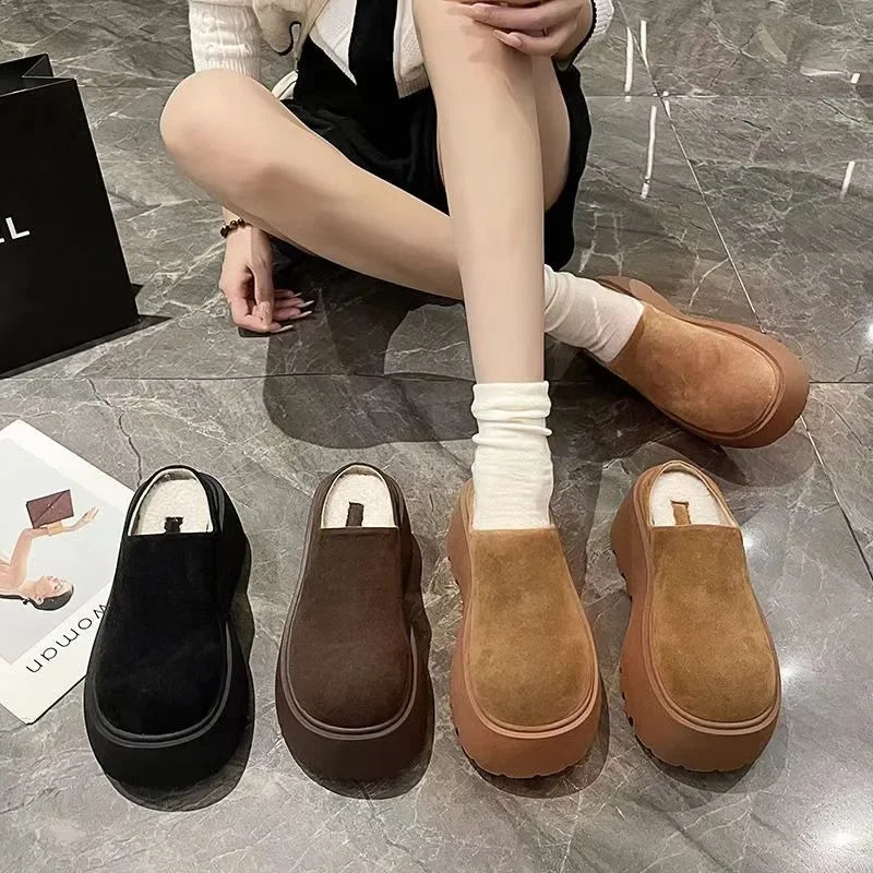 Futurecen  -  Winter Platform Flats Women Warm Fur Mules Slippers Fashion Slip on Slides Comfort Casual Home Female Cotton Shoes