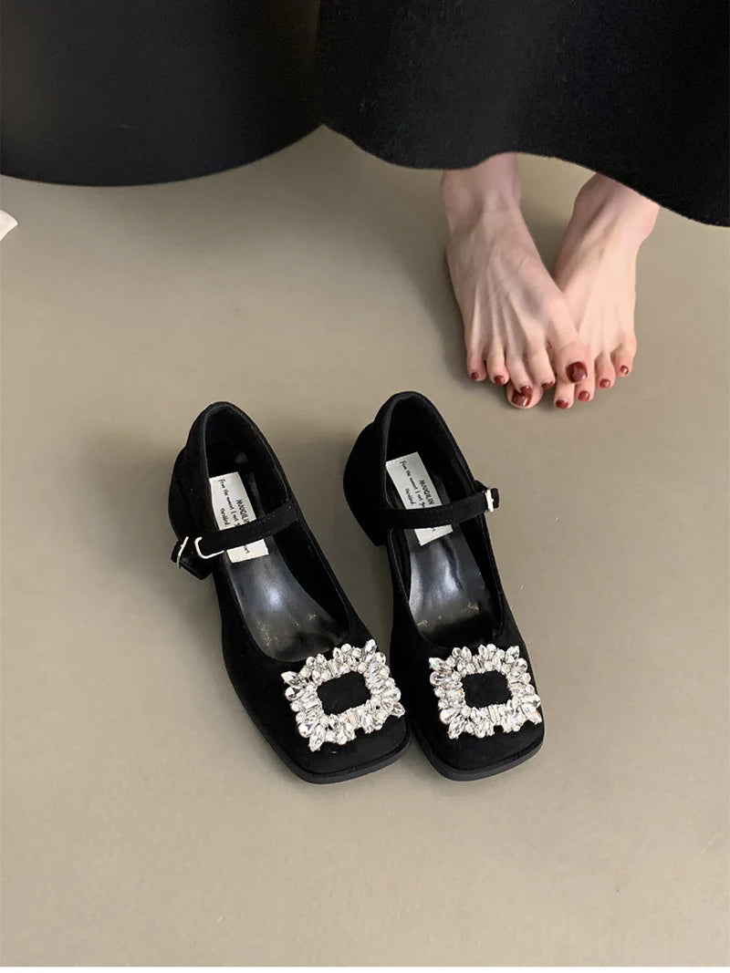 Futurecen 2024 Spring Crystal Women Mary Jane Shoes Fashion Elegant Square Toe Low Heel Shoes Ladies Comfort Party Dress Pumps