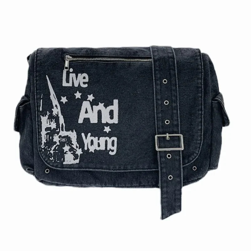 Futurecen  Y2k Vintage Shoulder Bag for Women Denim Letter Print American Retro Street Messenger Bag Washed Large Capacity Handbag Sac