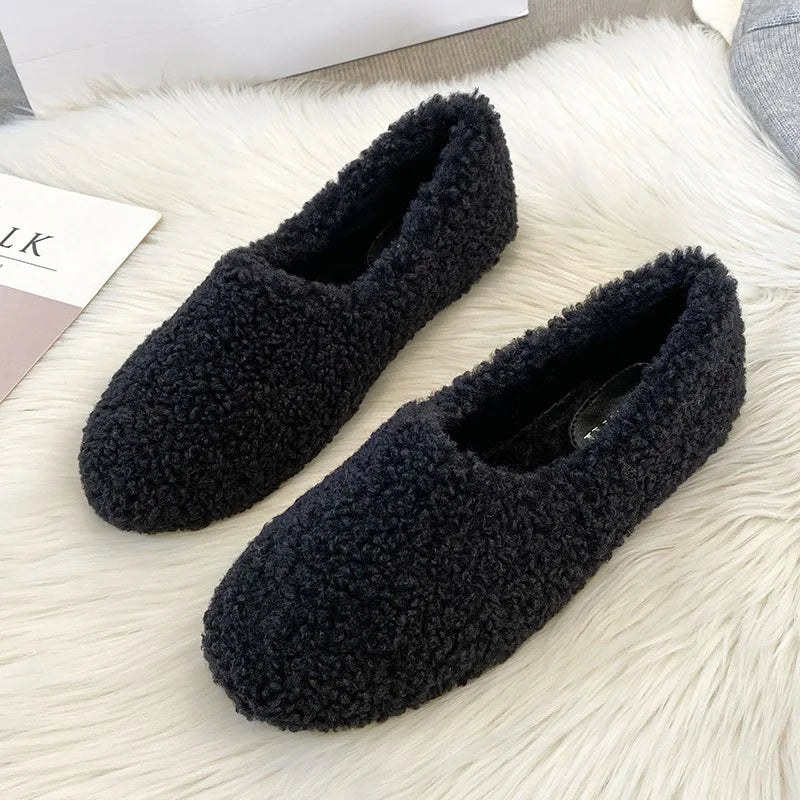 Futurecen  -  Plus Size 34-43 White Lambswool Loafers Woman Winter Cotton Shoes Warm Plush Mocasines Mujer Ladies Daily Sheep Fur Flats