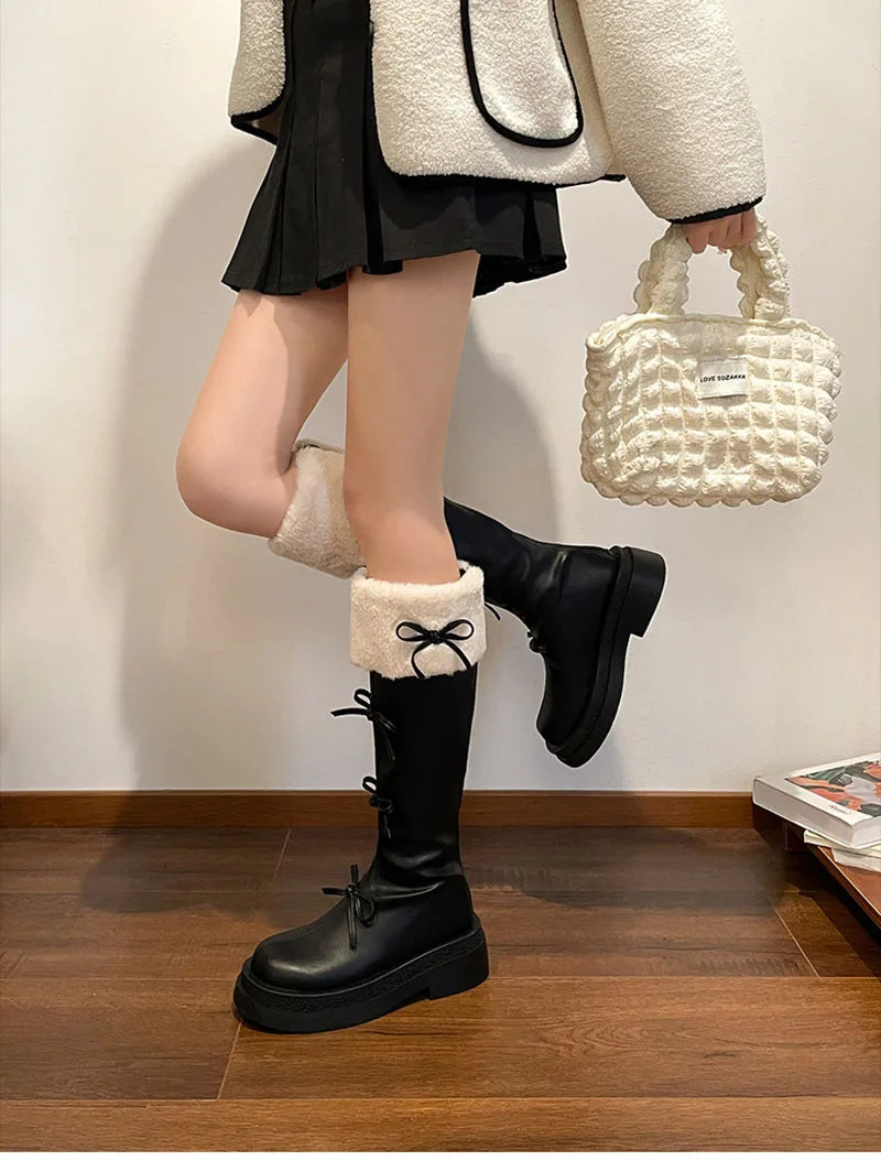 Futurecen Short Plush Women Knee High Boots Fashion Square Heel Ladies Elegant Back Zippers Long Knight Booties Winter Women's Footwear