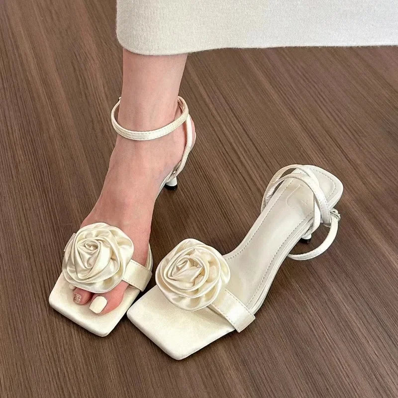 Futurecen  -  New Women's Pointy Rose High Heels Female Summer Shallow Mouth Sweet Open Toe High Heel Sandals Lace Up Women's Shoes