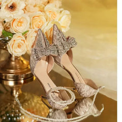 Luxury Pointed Toe Women Rhinestone Butterfly Pearl Gold High Heels Silver High Heel Sandals Party Wedding Shoes Plus Size