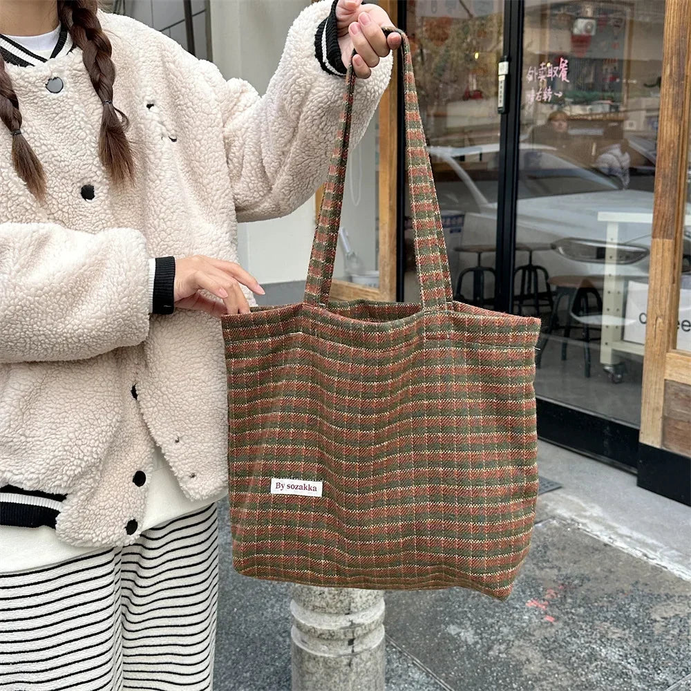 Futurecen  -  Autumn Winter High-capacity Women Underarm Shoulder Bag Vintage Woolen Plaid Tote Handbag Shopping Carrier Bolsas De Mujer