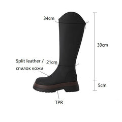 Futurecen NEW Autumn Women Boots Round Toe Chunky Shoes Women Winter Split Leather Knight Boots Thick Heel Knee High Boots Platform Boots