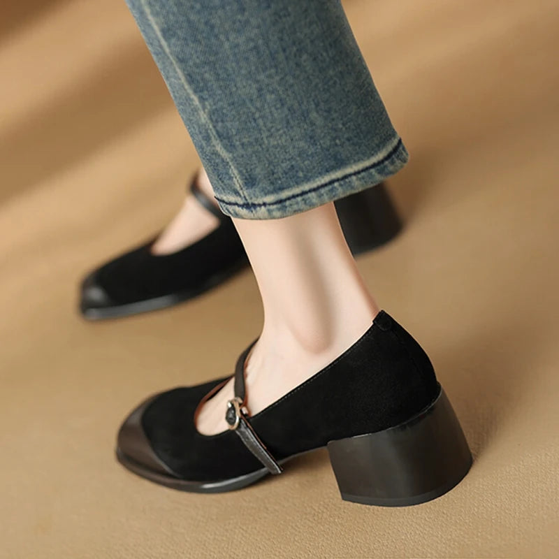 Futurecen  -  NEW Spring Women Shoes Square Toe Chunky Heel Shoes Sheep Suede Leather Shoes for Women Retro Black Women Pumps Brown Mary Janes