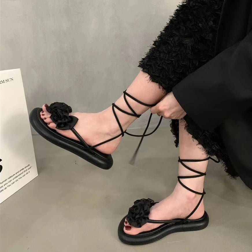 Futurecen  -  Women Sandals Summer Flower Design Fashion Dress Shoes Narrow Band Platform Wedges Heel Ladies Ankle Strap Gladiator Sandalias