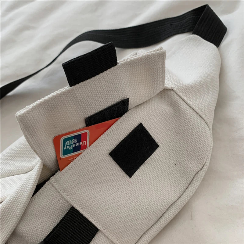 Futurecen  -  Waist Belt Bag Female Bag New Harajuku Style Slung Canvas Casual Running Sports Chest Bag White Fanny Pack Black Bum Bag