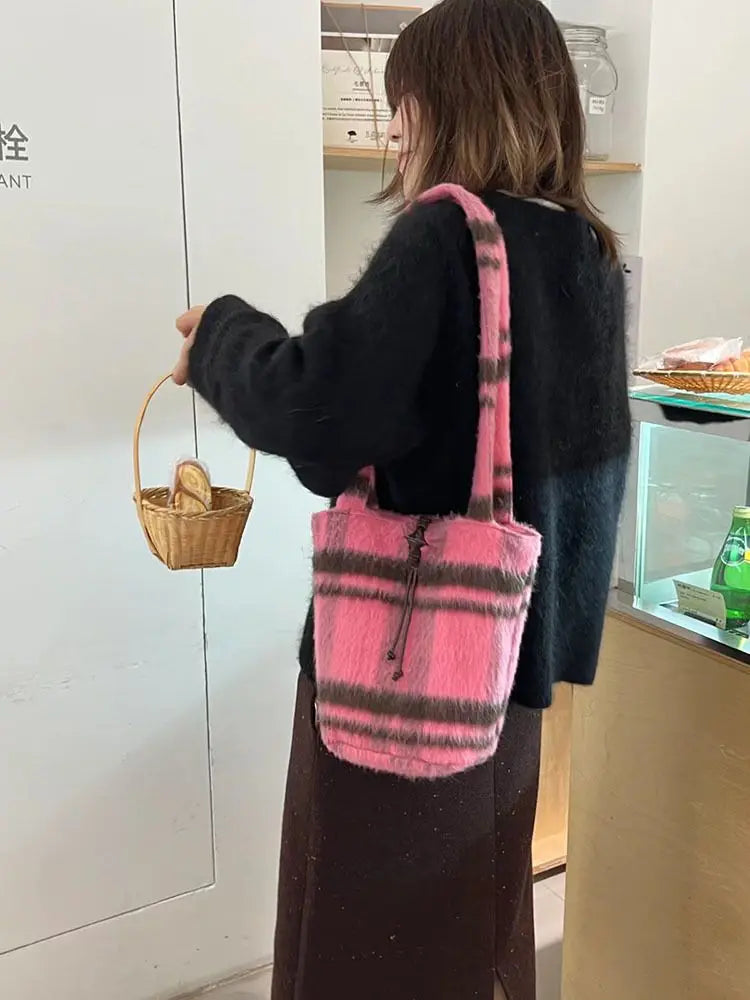 Futurecen  -  fancy bags Women Y2k Fluffy Shoulder Bags Luxury Design Plaid Pink Bucket Bags Large Capacity Velvet Handbag Korean Fashion Winter Cute Bag