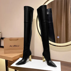 Futurecen Fashion Autumn Winter Soft Leather Stretch Women Thigh high Boots Elegant Pointed toe High heels Over the knee Boots Party Shoes