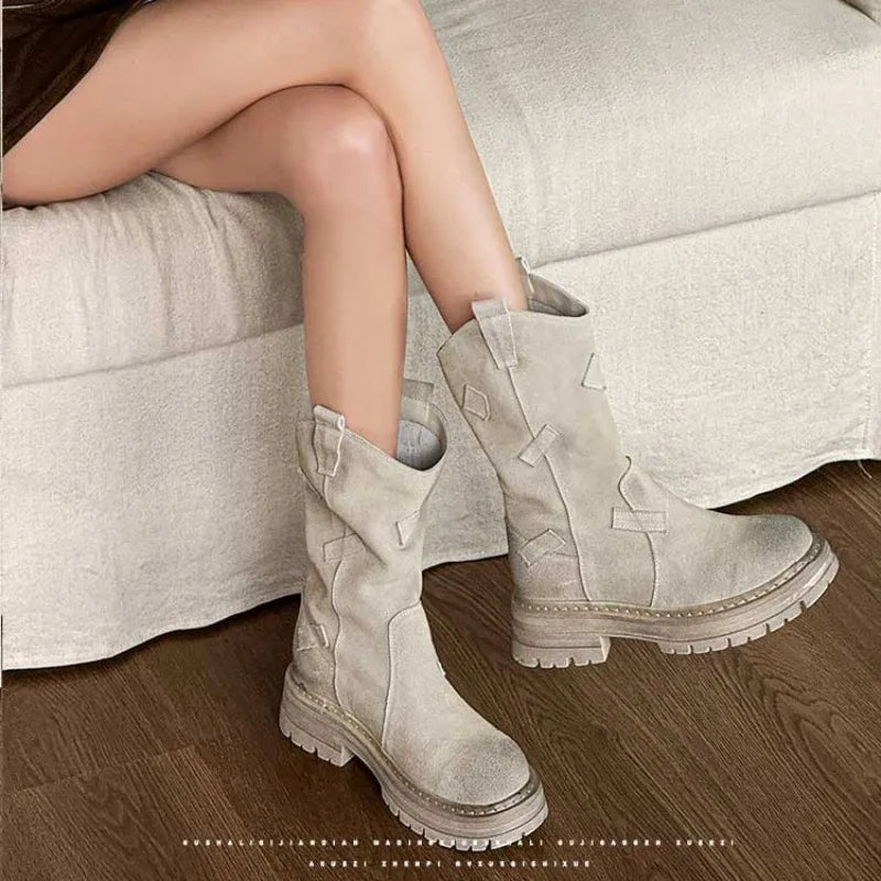 Futurecen  -  New Cow Suede Leather Western Mid Calf Boots Women Round Toe Block Heels Autumn Winter Ankle Boots Ladies Shoes Q229