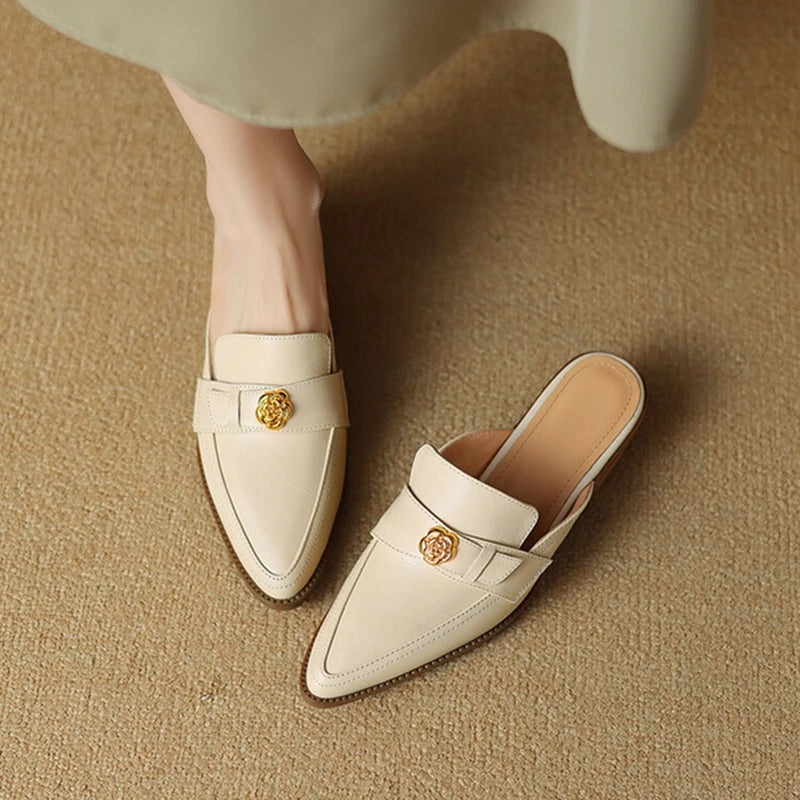 Futurecen  -  NEW Summer Women Mules Genuine Leather Shoes for Women Cover Toe Chunky Heel Slippers Pointed Toe Slingback Flower Beige Sandals