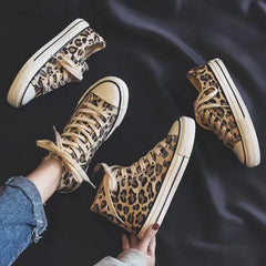 Futurecen  -  Women's Canvas Shoes Summer Leopard Print Lace-up Flats Casual Shoes Lady Autumn High-Top Vulcanized Shoe Non-Slip Sneakers