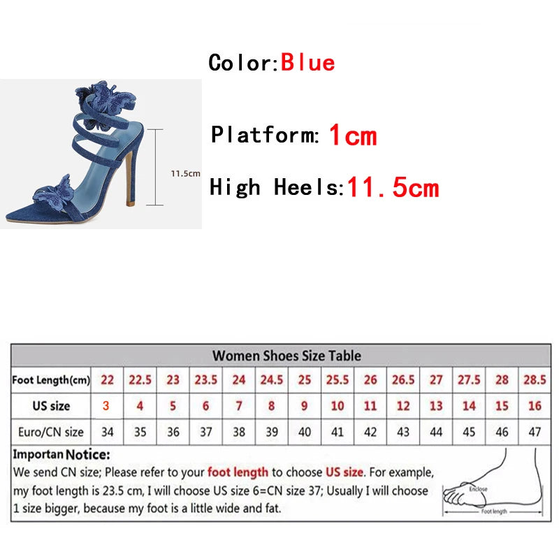 Futurecen  High Quality Embroidery Butterfly Ankle Strap Sandals Women Sexy Pointed Toe Gladiator Heels Summer Party Dress Shoes Blue