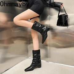 Futurecen Winter Woman Mid Calf Boot Fashion Slip On Square Heel Botas Ladies Street Style Trouser Short Booties