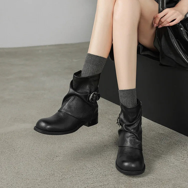 Futurecen NEW Autumn Women Boots Split Leather Shoes for Women Round Toe Chunky Heel Shoes Zipper Short Pants Boots Buckle Modern Boots