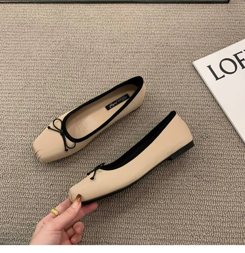 Classic Female Flats Ballerina Shoes Women Fashion Square Toe Pleated Ballet Bow Knot Shallow Moccasin Casual Loafer Sliver