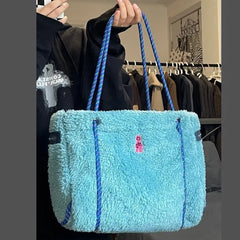 Futurecen  -  fancy bags Y2k Lamb Wool Blue Handbag For Women High Capacity Big Tote Bags Korean Fashion Square Shoulder Bag College Book School Bags New