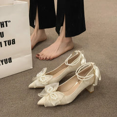 Beige High Heels Retro Women Shoes Sandals Ladies Pointed Pumps 12cm Latest Casual African Toe Bridal Spring Sexy Satin