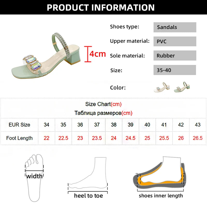 Futurecen  Fashion Rhinestone Sandals for Women Summer Square Heels Open Toe Slippers Woman Transparent PVC Jelly Sandals